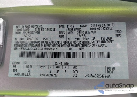 2016 Ford Escape Se from USA, damaged, VIN 1FMCU9GX2GUB68987